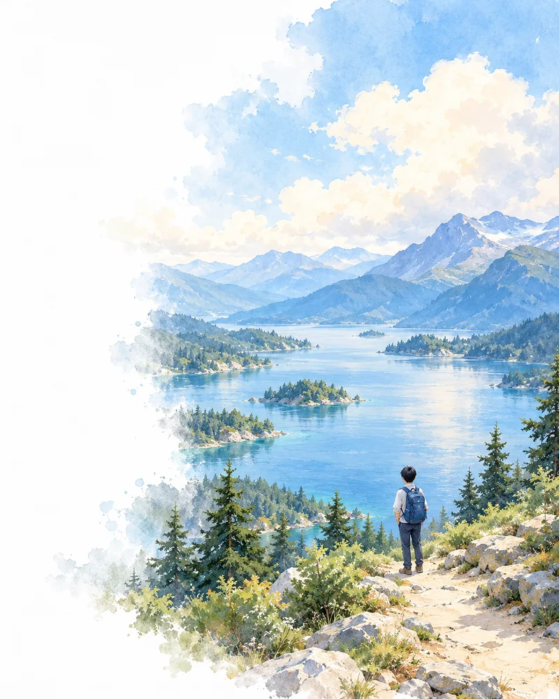背着蓝色书包的学生，眺望山水与远方